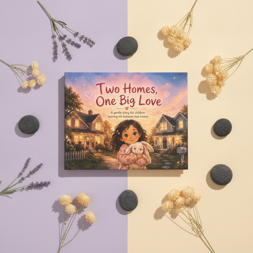Hardcover children's book "Two Homes, One Big Love" centered on a soft lavender and cream surface, surrounded by lavender spr