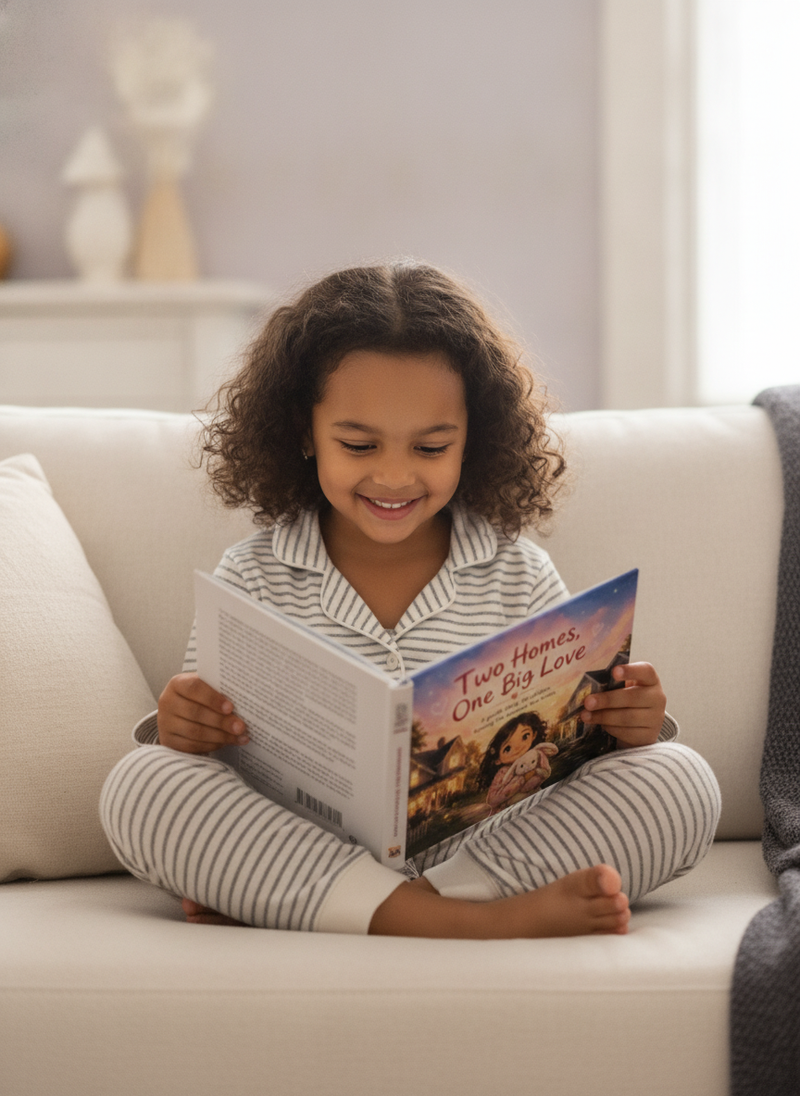 A young girl with a genuine smile reads the hardcover children's book 'Two Homes, One Big Love' on a cozy sofa, reflecting ha