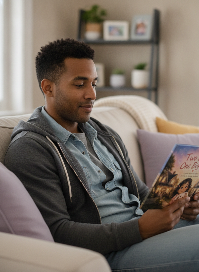A diverse father, David L., holding the children's book 